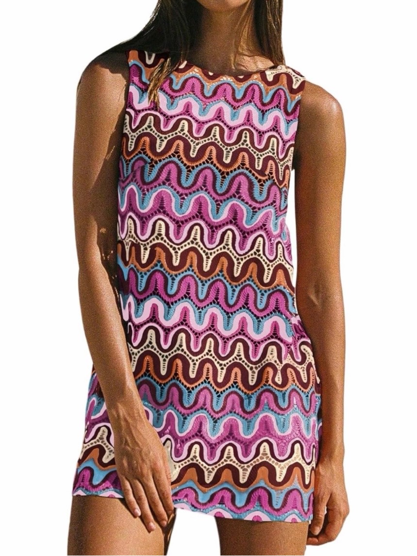 Women's Pink Multi Wave-Print Swim Cover-Up Dress